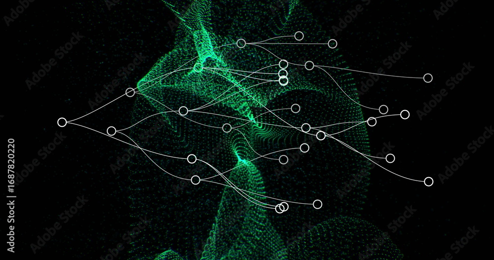 Aufkleber animating green mesh flowing across dark void, with white circular nodes and connecting lines