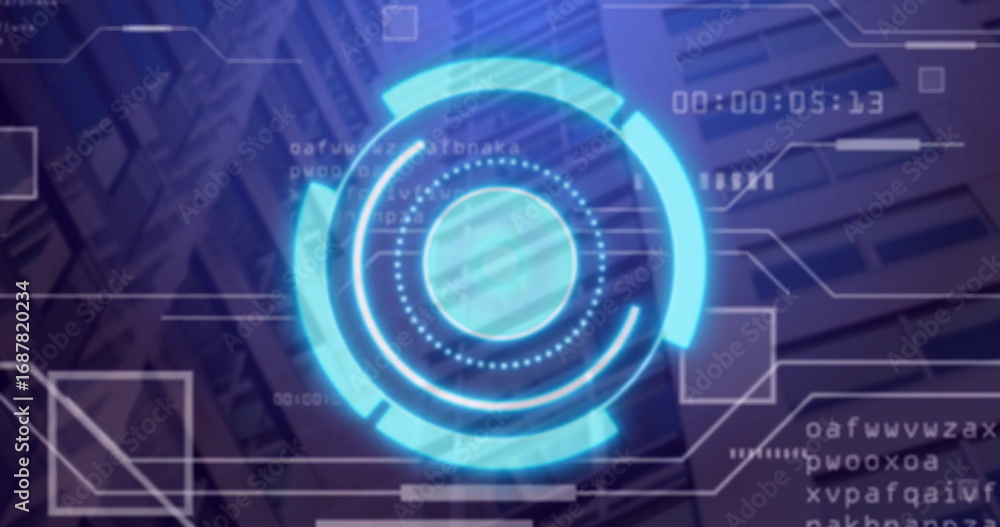 Poster floating blue holographic display over buildings showing rings, data lines, timestamp and codes