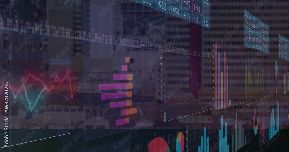 Poster displaying line graphs, bar charts, pie segments, tickers and tables over city skyline