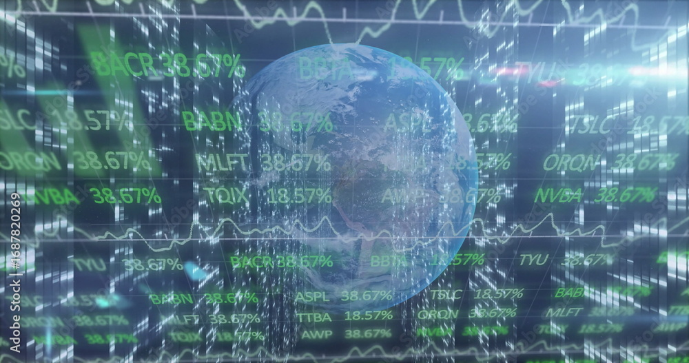 Poster floating digital globe revolving within trading interface, with stock tickers and waveform lines