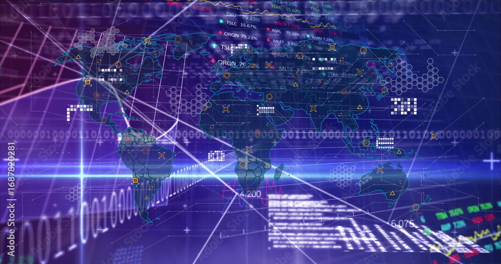 Poster displaying holographic world map in virtual interface, with neon gridlines and binary streams
