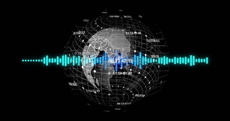Displaying 3D wireframe globe with grid lines and numeric labels on dashboard, with audio waveform