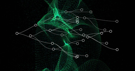 Animating green mesh flowing across dark void, with white circular nodes and connecting lines