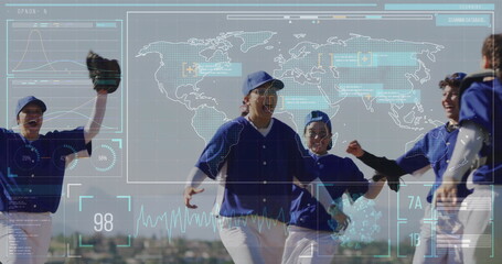 Celebrating female baseball team wearing uniforms on baseball field, with caps, glove, HUD overlay