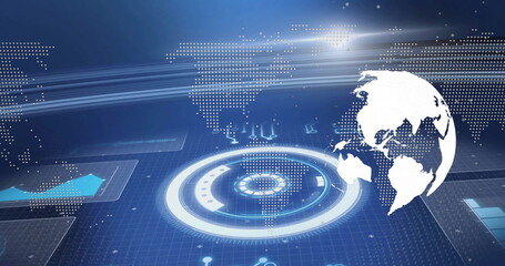Displaying white 3D globe over digital grid floor with world map overlay, HUD, markers, copy space