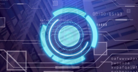 Floating blue holographic display over buildings showing rings, data lines, timestamp and codes