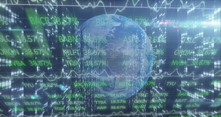 Floating digital globe revolving within trading interface, with stock tickers and waveform lines
