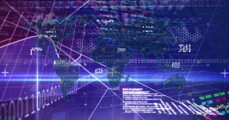 Displaying holographic world map in virtual interface, with neon gridlines and binary streams