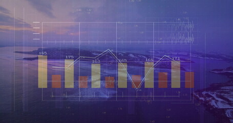 Displaying translucent data overlaying coastal dawn scene, with colored bars and white line graph
