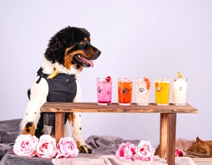 Dog with drinks on a table