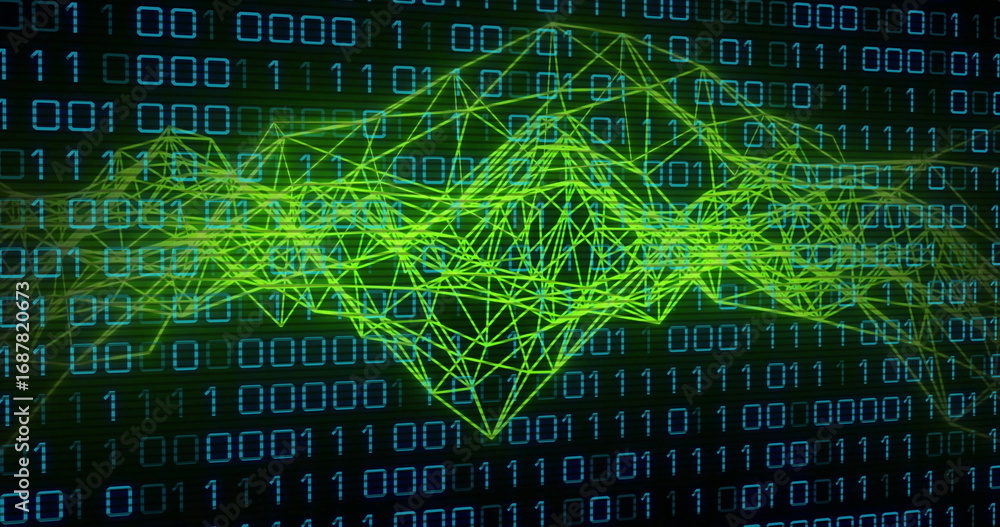 Poster floating neon green wireframe mesh weaving through binary code grid, with data visualization theme