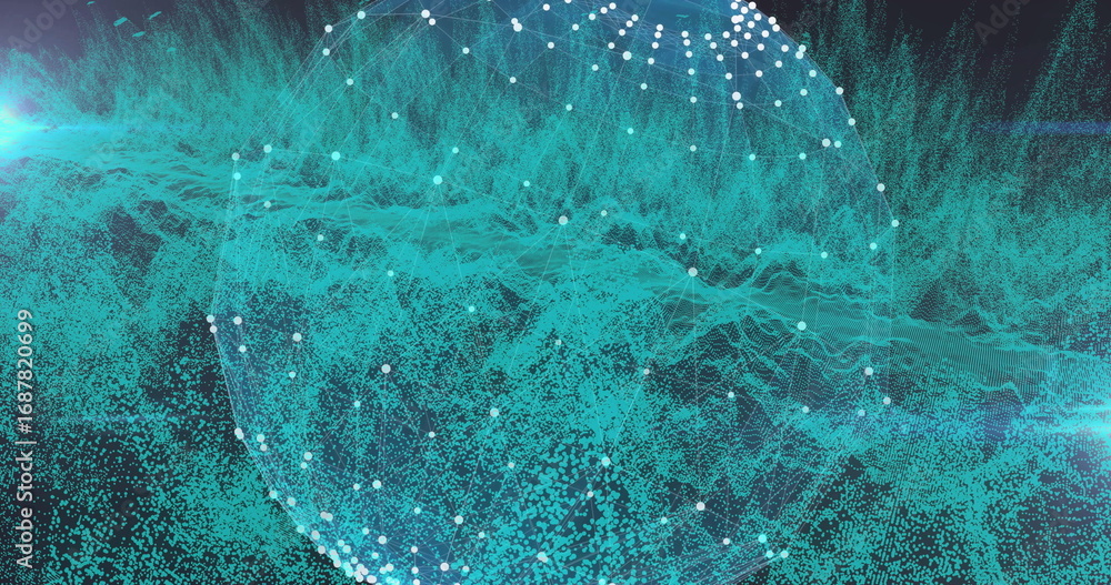 Aufkleber displaying semi-transparent spherical mesh in virtual space, with white nodes and cyan flares