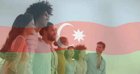 Linking arms and smiling group of eight adults with Azerbaijan flag overlay in studio
