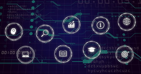 Highlighting ten circular icons depicting gear head and other data symbols on blue grid