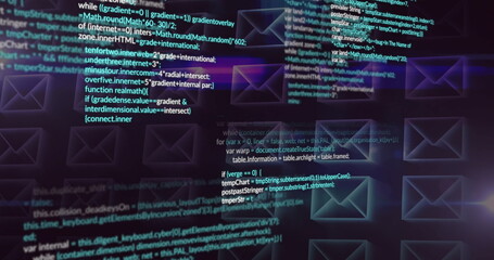 Displaying translucent code windows with code text on UI, featuring envelope icons and neon shapes