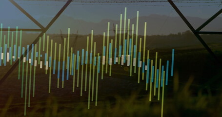 Displaying green and blue equalizer bars overlaying farmland at dawn with pivot irrigation truss