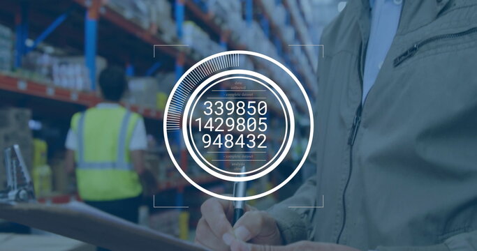 Inspecting warehouse worker in jacket holding clipboard scanning racks with HUD overlay, copy space
