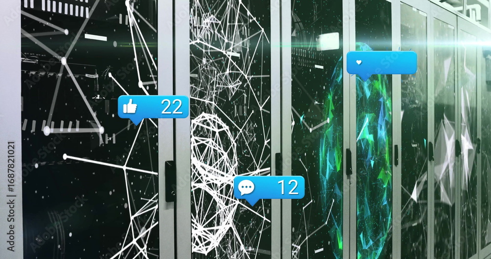 Aufkleber projecting wireframe head and social media bubbles on server racks in data center with led lights