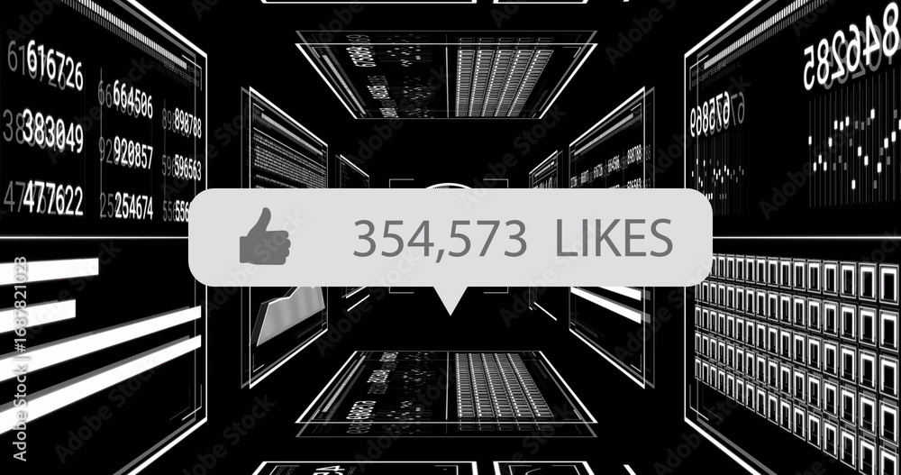 Poster floating thumbs-up bubble showing 354,573 likes in virtual data tunnel, with numeric data screens
