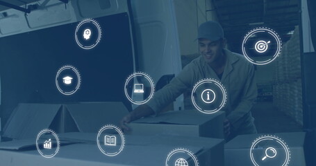 Pushing warehouse worker wearing grey uniform loading box at dock, cargo van pallets digital icons