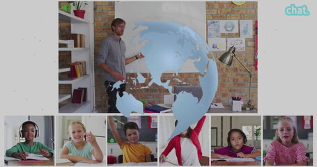 Gesturing teacher explaining lesson at brick-wall whiteboard, showing globe overlay student frames