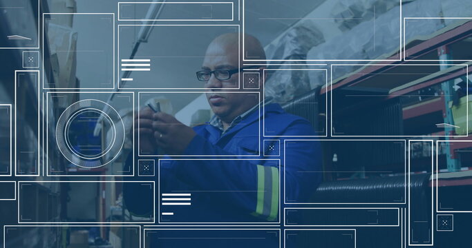 Adjusting wiring and checking phone, technician wearing glasses in control room with data overlay - Powered by Adobe