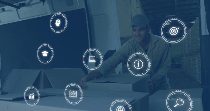 Pushing warehouse worker wearing grey uniform loading box at dock, cargo van pallets digital icons - Powered by Adobe