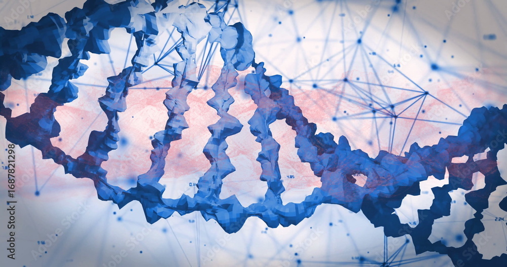 Fototapete showing dna double helix twisting in virtual space, with network lines nodes numeric data labels
