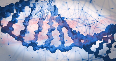 Showing DNA double helix twisting in virtual space, with network lines nodes numeric data labels