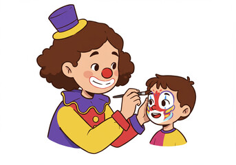 Clown Applying Facepaint to Kid with Brush Illustration
