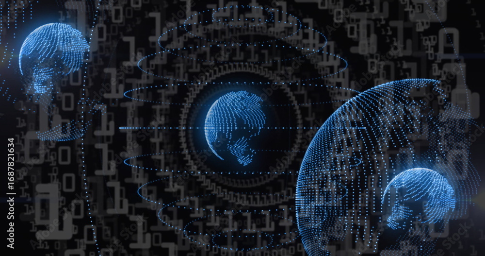 Aufkleber floating central dotted globe rotating in cyberspace, with binary digits, data rings, trajectories