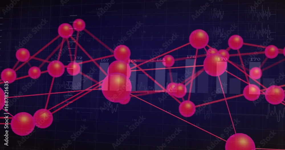 Poster displaying digital network of red-pink spheres linked by red lines in grid, with data overlays