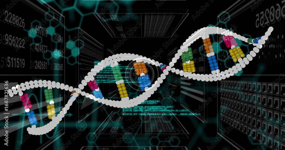Poster floating white dna helix drifting through dark server racks, with hexagon grid and code streams