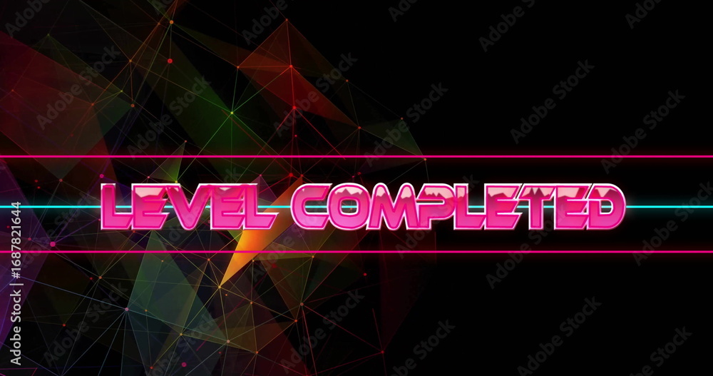 Poster displaying neon pink level completed text over mesh in game interface with neon bars, glowing nodes