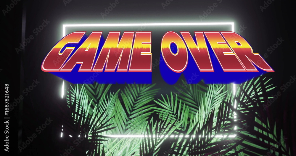 Poster floating three-dimensional game over text glowing within neon frame in studio, with green ferns