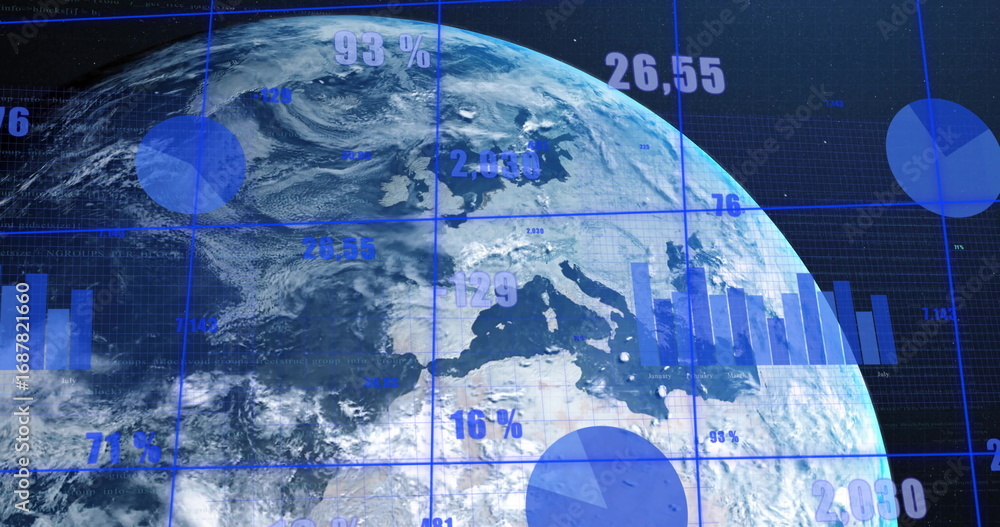 Poster showing earth globe on data dashboard with blue gridlines, pie and bar charts and numeric overlays