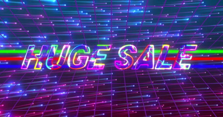 Displaying neon HUGE SALE text pulsing in cyberpunk grid, with colored bands and glowing particles
