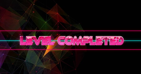 Displaying neon pink LEVEL COMPLETED text over mesh in game interface with neon bars, glowing nodes