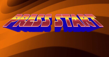 Floating stylized 3D text reading PRESS START over abstract orange backdrop, with gradient coloring