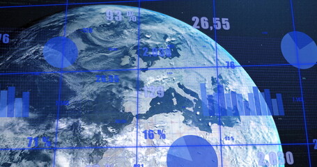 Showing Earth globe on data dashboard with blue gridlines, pie and bar charts and numeric overlays
