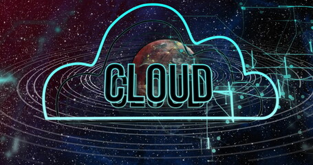 Glowing neon cloud enclosing 3D CLOUD text in digital interface, with ringed planet, network nodes
