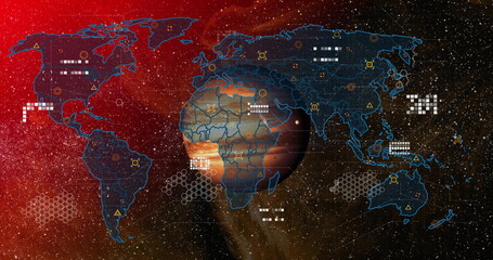 Displaying blue hologram world map overlaying orange planet with data blocks and starfield console