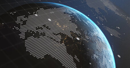 Presenting stylized Earth globe hovering in orbital view, with dot overlay and glowing atmosphere