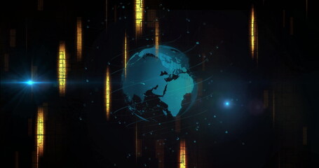 Presenting holographic Earth hovering in panel with orbit lines, numbers golden bars and lens flare