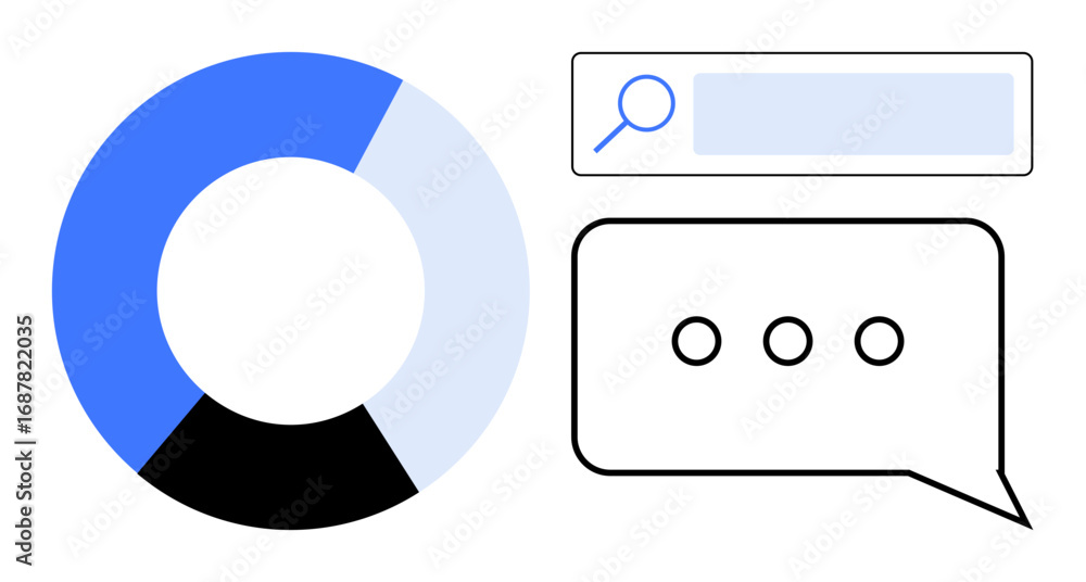 Poster pie chart representing data, search bar for exploration, and speech bubble emphasizing communication