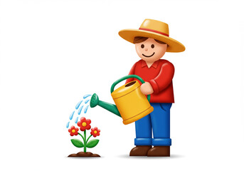 cartoon gardener watering red flowers illustration