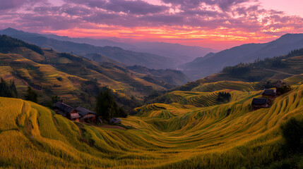 Vibrant Sunset Over Lush Rice Terraces A Serene Landscape of Asian Agriculture