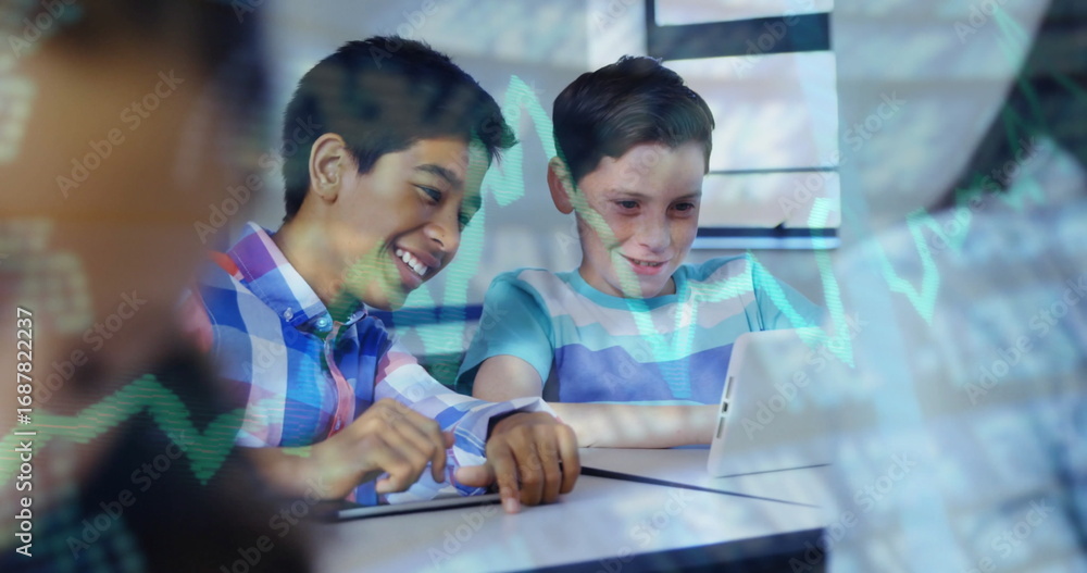 Poster two classmates pointing stylus at tablet and studying coding in study room, with graph overlay