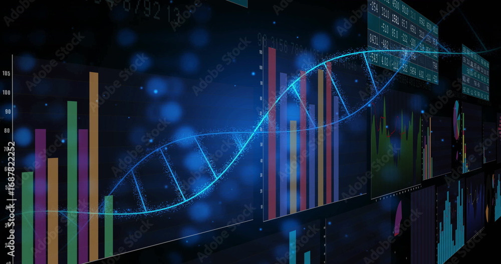 Fototapete showing glowing dna helix on data dashboard, with multicolored charts tables and light particles