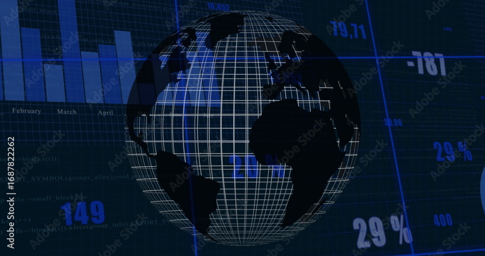 Poster showing 3d wireframe globe rotating on grid in dashboard, featuring floating numbers feb–apr bars